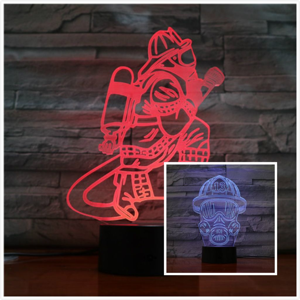 Free Childrens 3d Night Light Figure Fireman Shaped Led Table Lamp Illusion Home Party Decor Lights Firefighter