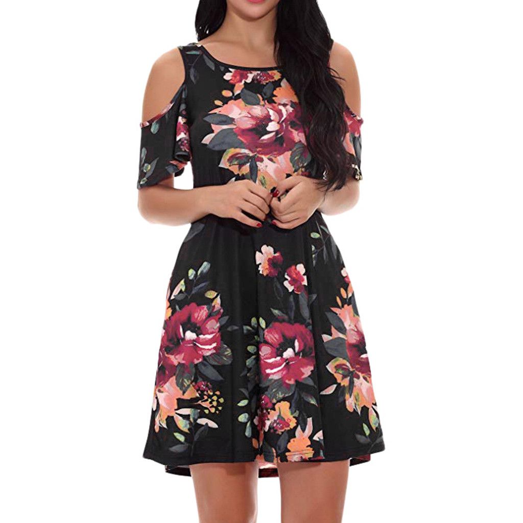 Vestido De Mujer Manga Corta Con Un Hombro Estampado De Flor Vestido De Mujer Manga Corta Con Un Hombro Estampado De Flor