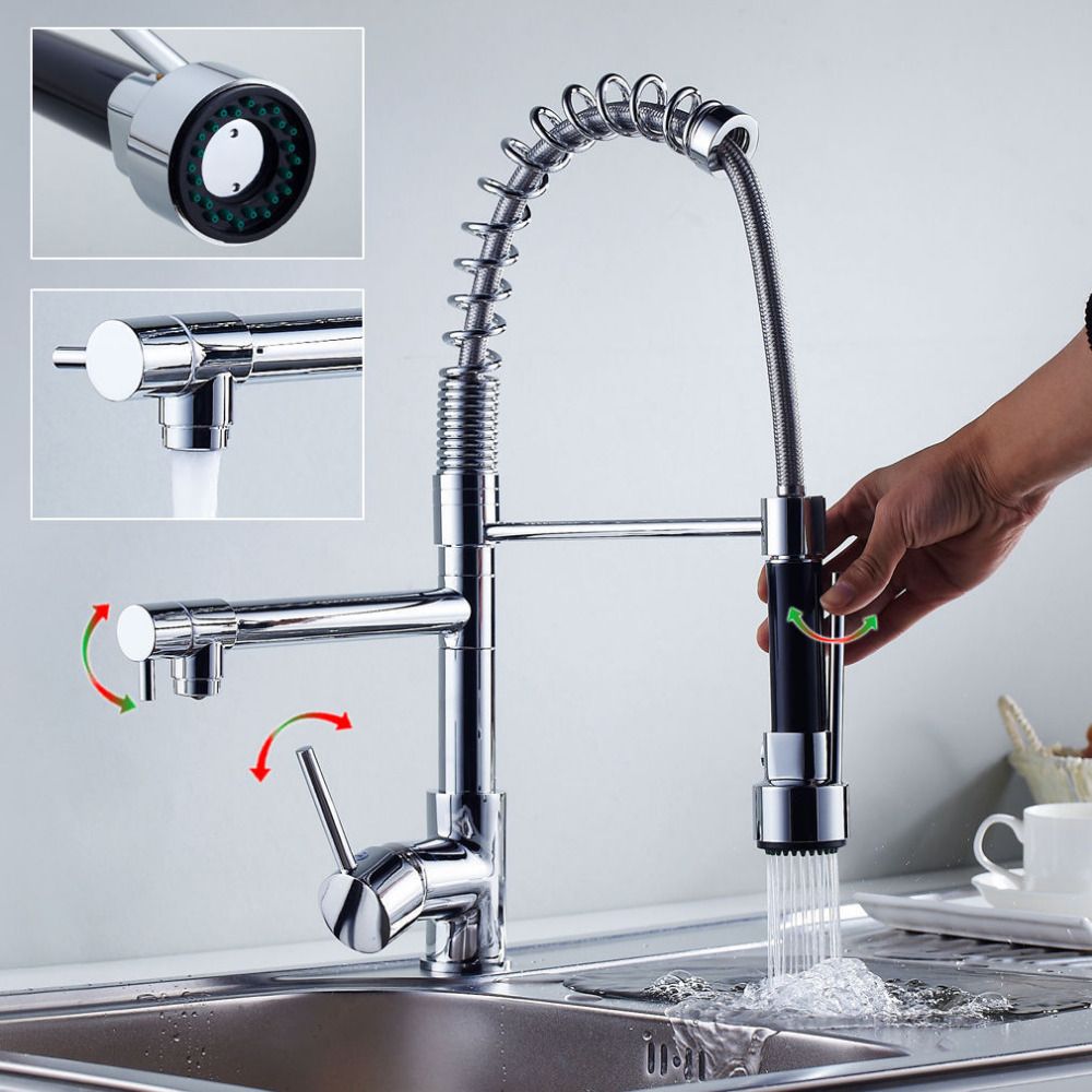 Pull Out Chrome Kitchen Faucet Dual Spout Kitchen Sink Crane Mixer Taps Swivel Spout Single Handle Sink Faucet With Shower Head