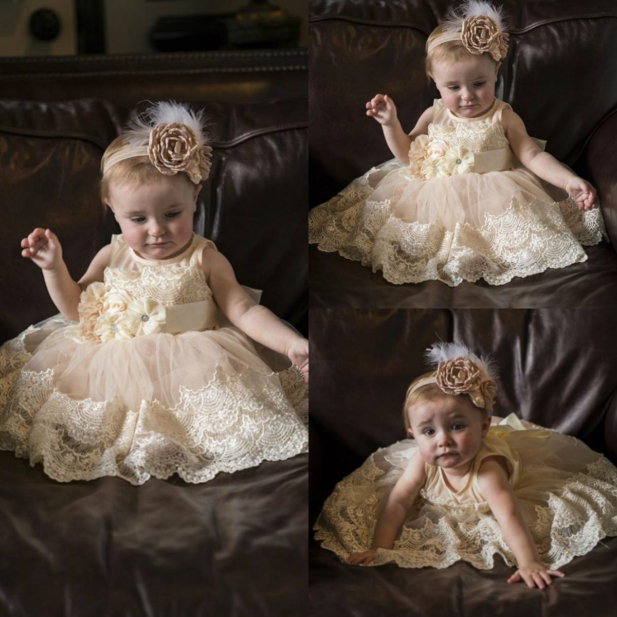 Champagne Christening Dresses For Baby Girl Infant Toddler Baptism
