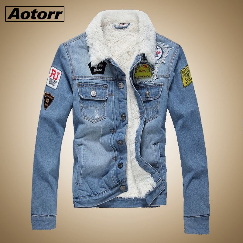 Denim Jacket Men Winter Casual Warm Fur Lined Jean Coat Male Slim Fit