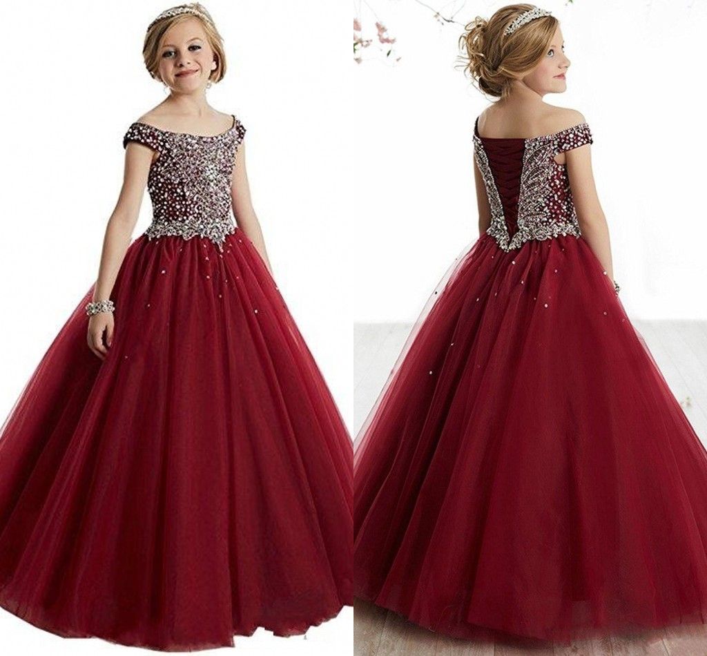 Bling Burgundy Girls Pageant Dresses Fashion Off Shoulders With Sleeves Tulle Princess Beaded