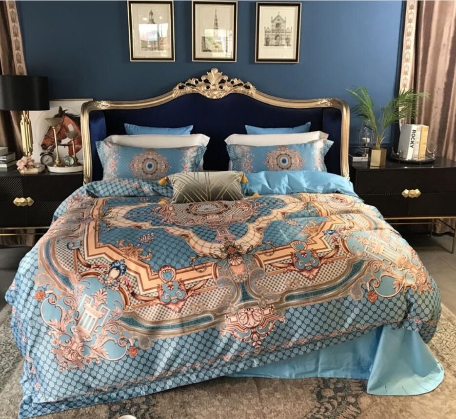Luxury Egypt Cotton Royal Bedding Set King Queen Size 4pcs Blue Boho Bed Cover Silky Quilt Duvet Sheet Pillowcases