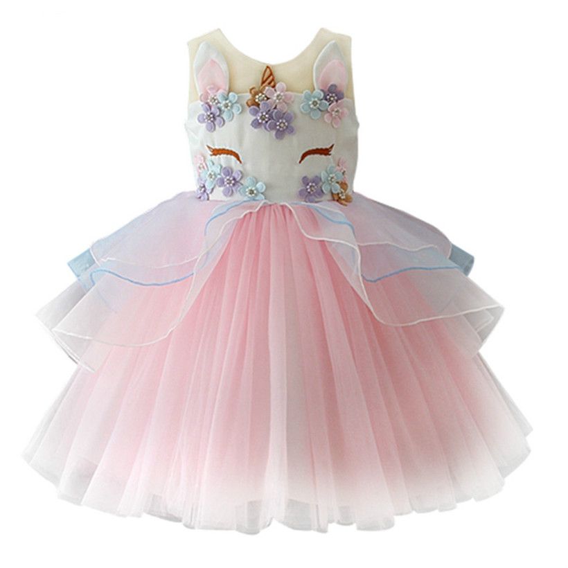 Unicorn Mesh Dress Princess Fancy Costume Party Pageant Tulle Girls Tutu Xmas UK