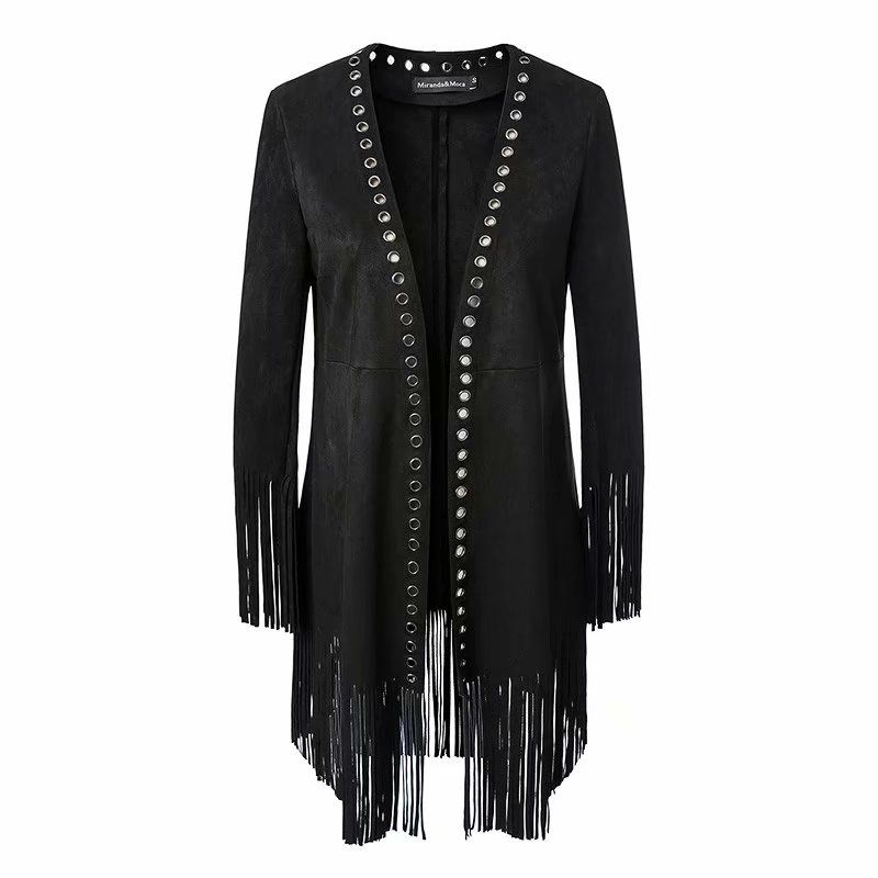 Black Pvc Jackets For Women Casual Suede Long Coats Faux Leather Jacket Womens Tassel Sleeve Outerwear Las Cardigan Sets
