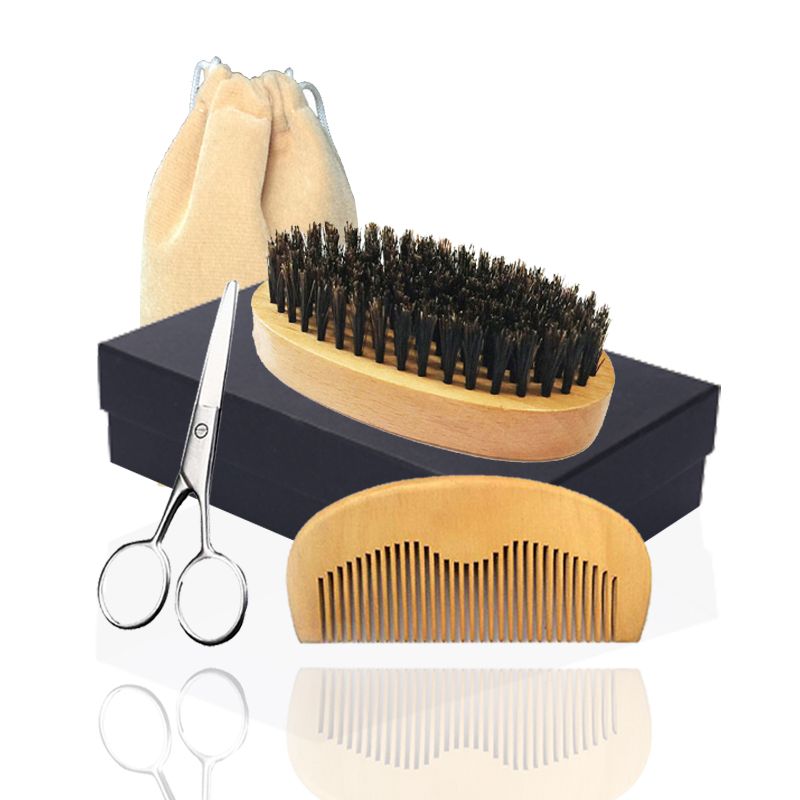 Beard Brush, Comb And Scissor Set For Men Gift Box And Cotton Bag Kit