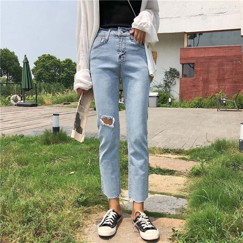 Acheter 2019 Nouvelles Femmes Coton Jeans Chic BF Style Straight Jeans Trou Élastique Taille Haute Longueur De Cheville Jean Femme 8307 De $42.73 Du