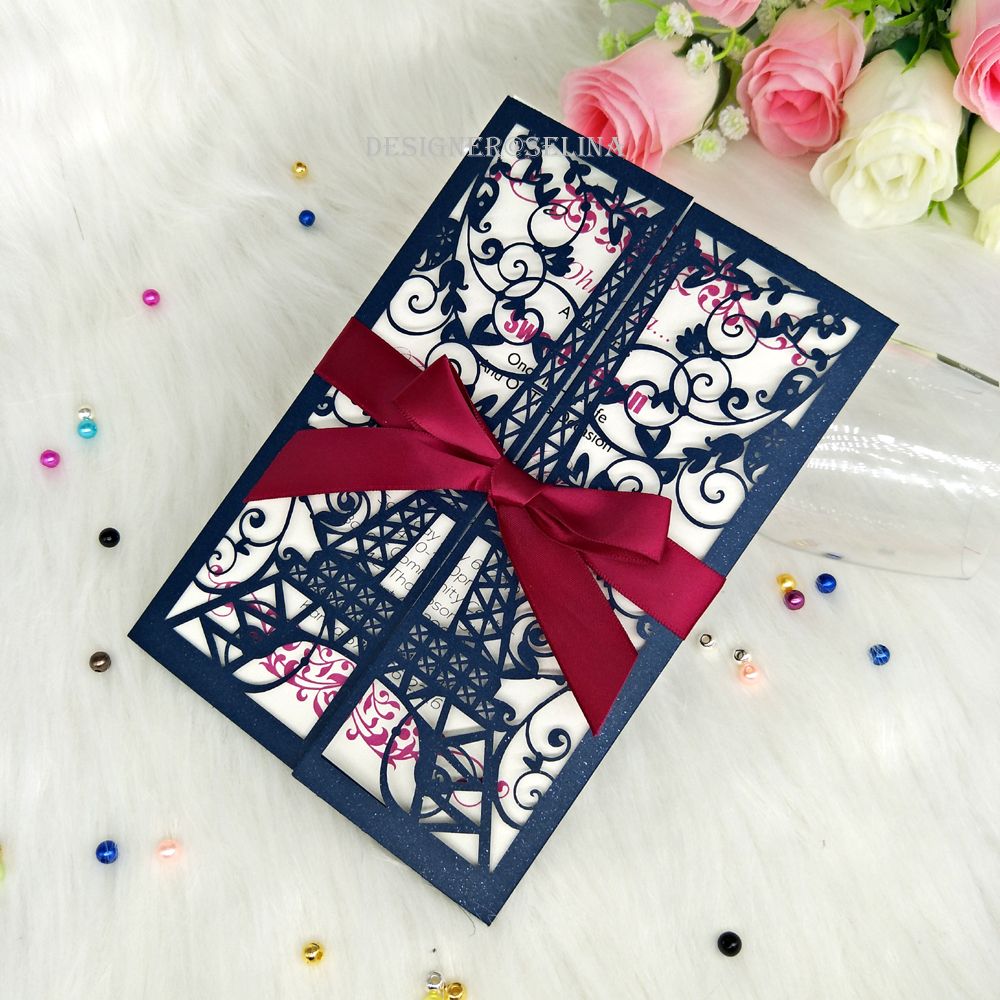 Blue Eiffel Tower Paris Laser Cut Invitations With Ribbon For