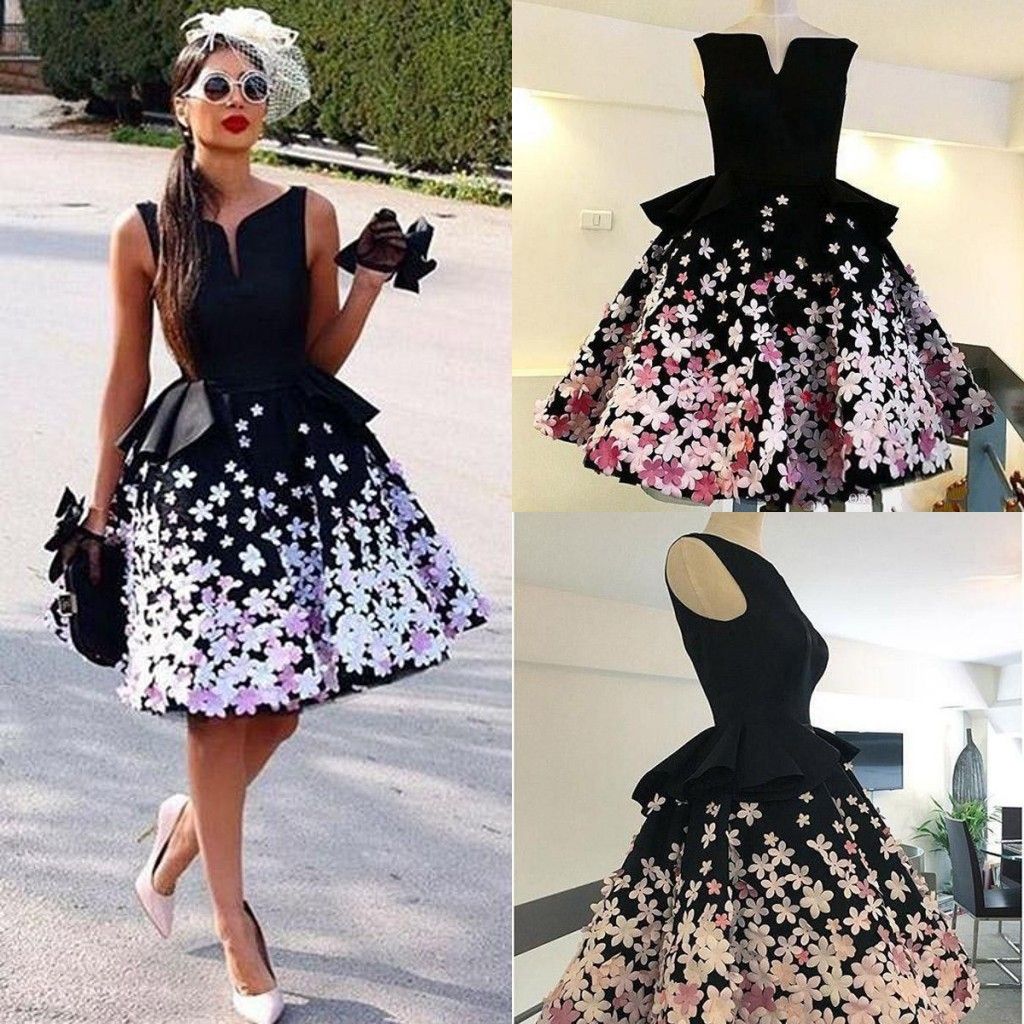 Little Black Satin Black Cocktail Dresses With Colorful 3D Appliques