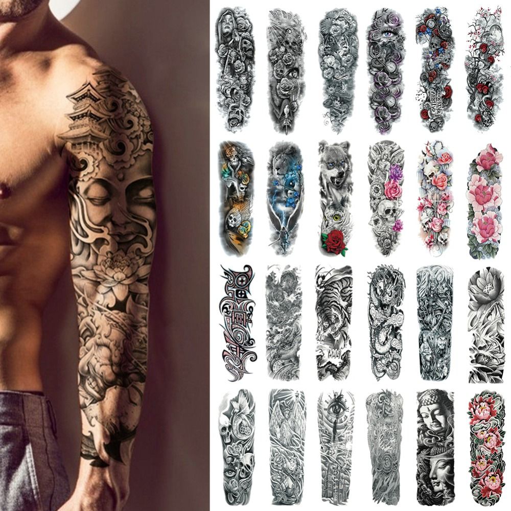 Acheter Grand Bras Manches De Tatouage Imperméable à Leau Temporaire Tatouage Autocollant Crâne Rose Lotus Femmes Hommes Fille Pleine Fleur Body Art