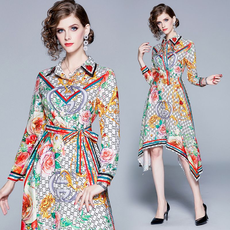 Luxury Fashion Casual Printed Dress Spring Fall Runway Women'S Lapel ...