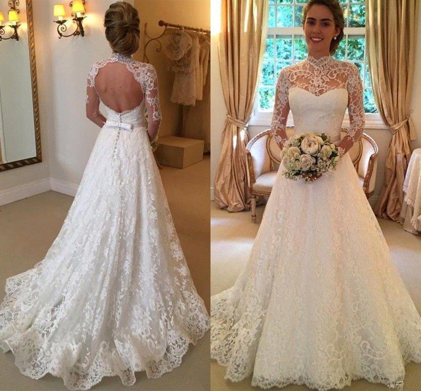 Discount Modest Lace Long Sleeves Wedding Dresses Sheer High Neck
