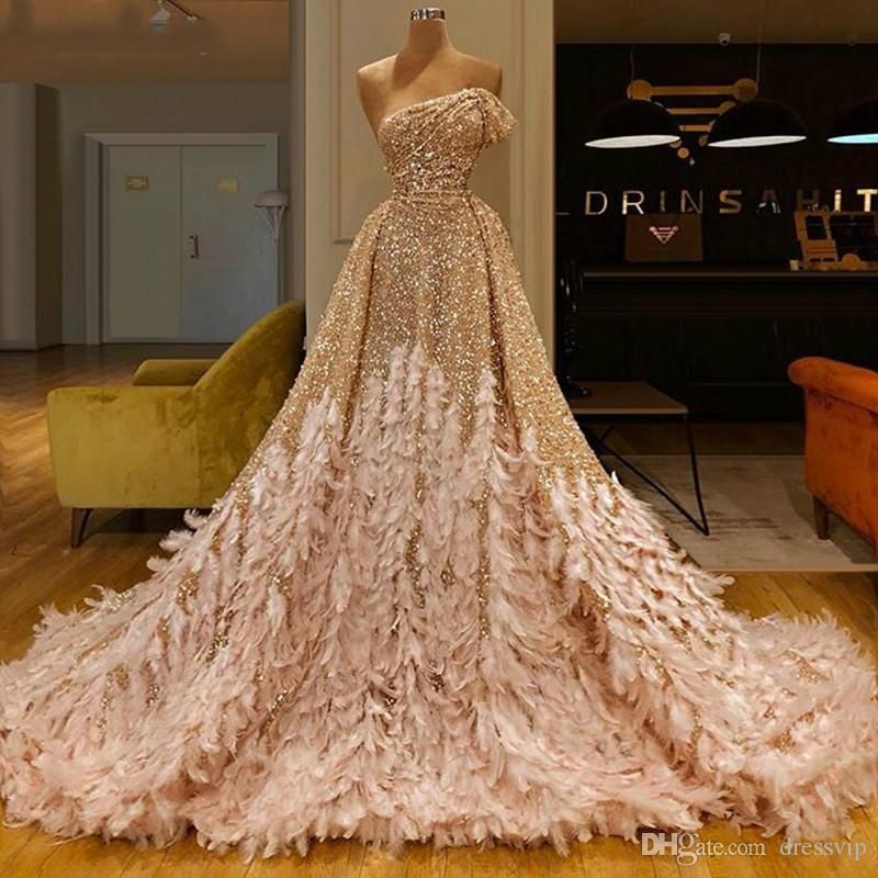 Ostrich Feather Luxury Evening Dresses Sparkly Sequins Strapless A Line Gold Prom Dress Party