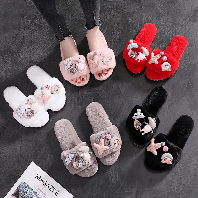 Ladies Cute Slippers Women Flat Shoes Plush Slippers House Shoes Woman