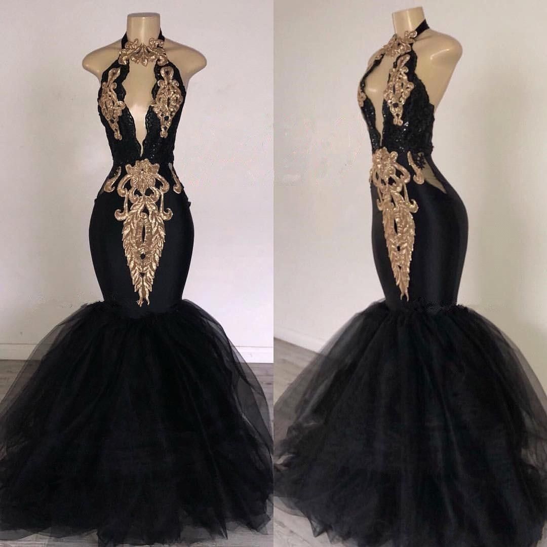 Gold Lace Prom Dresses Mermaid Black Miss World Evening Gowns VNeck