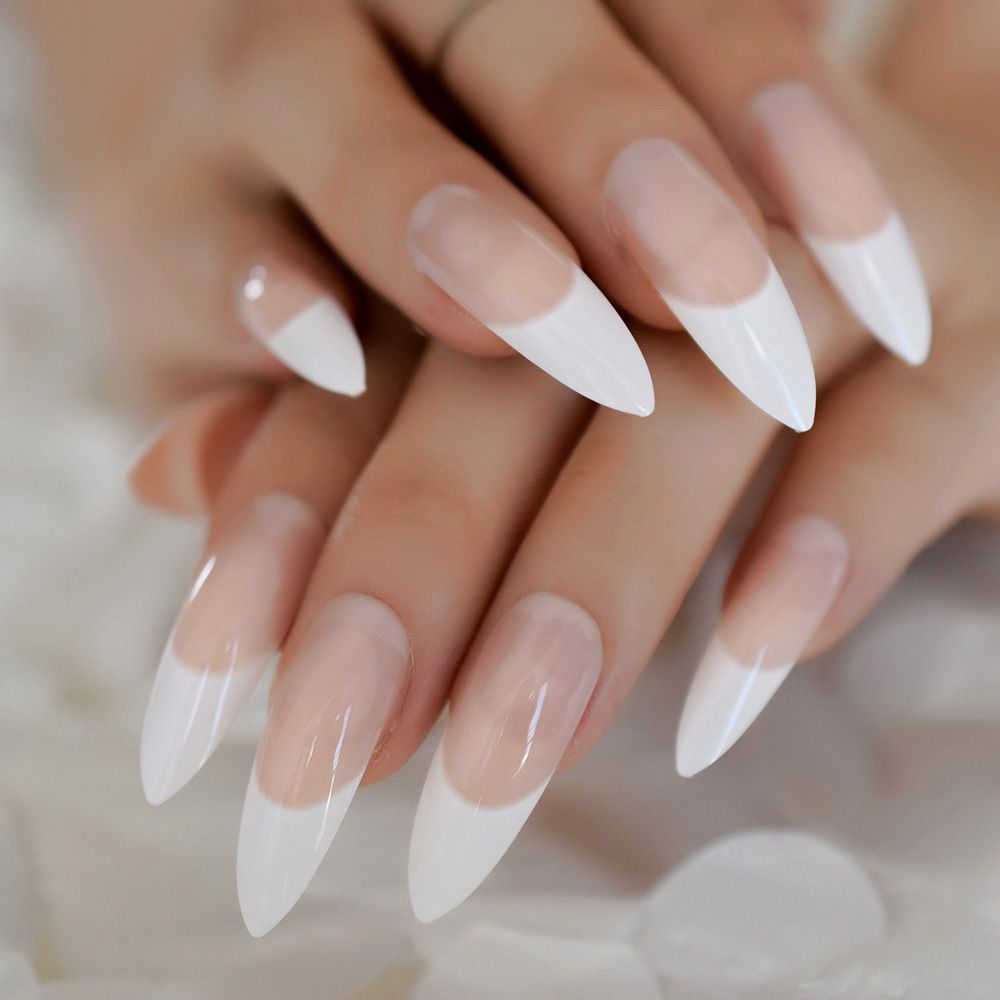 White French Tips Fake Nails Extra Long Stiletto False Natural