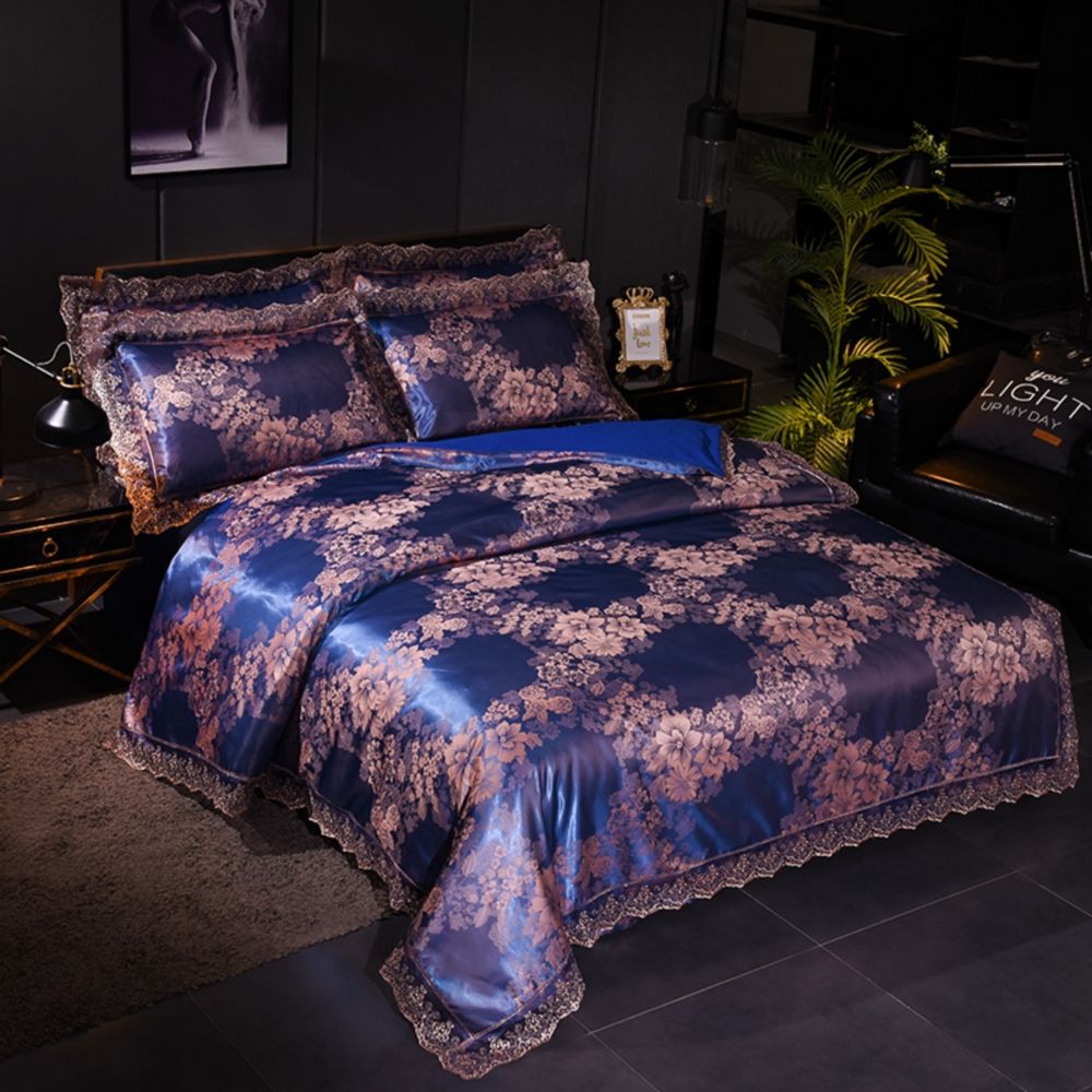 Wedding Luxury Bedding Sets Jacquard Queen King Size Duvet Cover Set Wedding Luxury Bedding Sets Jacquard Queen King Size Duvet Cover Set Bed Linen Sheet Modal Lace Sapphire Blue White Twin