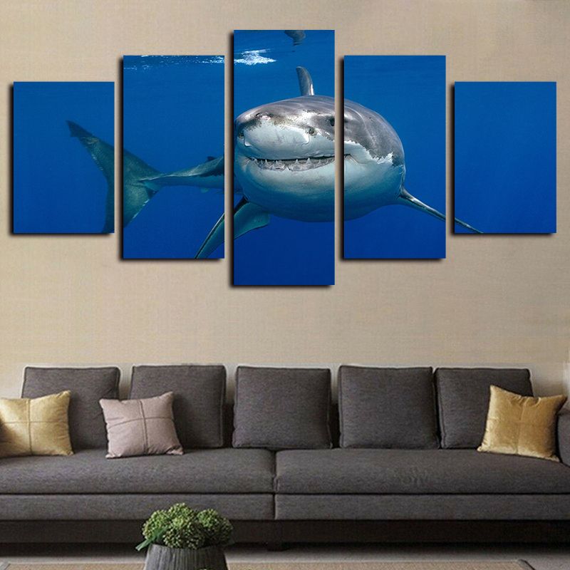 2019 5 Panels Animal Great White Shark Artworks Giclee Canvas Wall Art For Home Decor Abstract Poster Canvas Print Oil Painting From Home Textiles 18 68 Dhgate Com