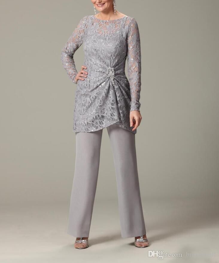Elegant Silver Chiffon Mother Of Bride Pant Suits Jewel Neck Sequined ...