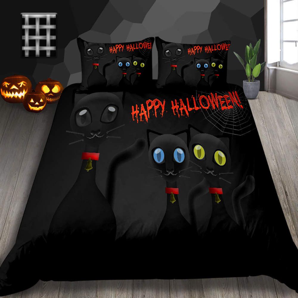 Black Cat Print Bedding Set For Kids Cute Fashionable Duvet Cover Halloween Gifts King Queen