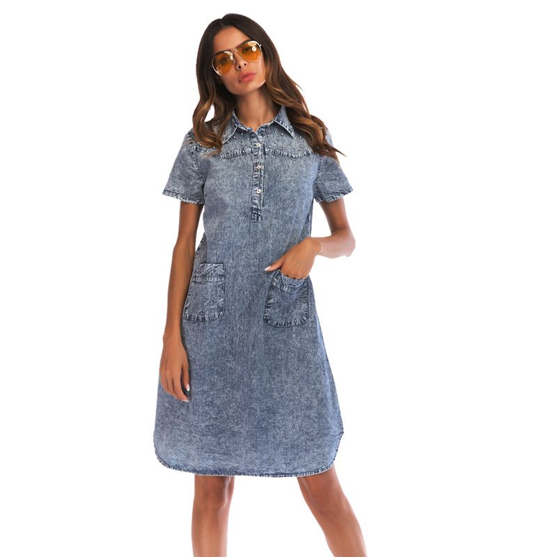 2019 Women Designer Denim Blue Jean Dresses Summer Beading Design ...