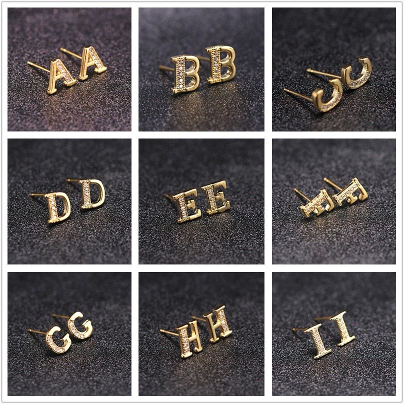 2020 Alphabet Ear Stud 26 English Letter Initial Earring Zircon Gold