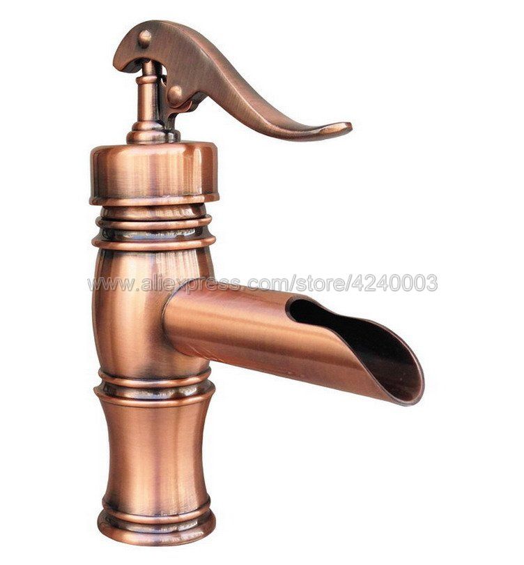 Antique Red Copper Basin Faucets Water Pump Look Style Waterfall Bathroom Vessel Sink Faucet Mixer Taps Knf311