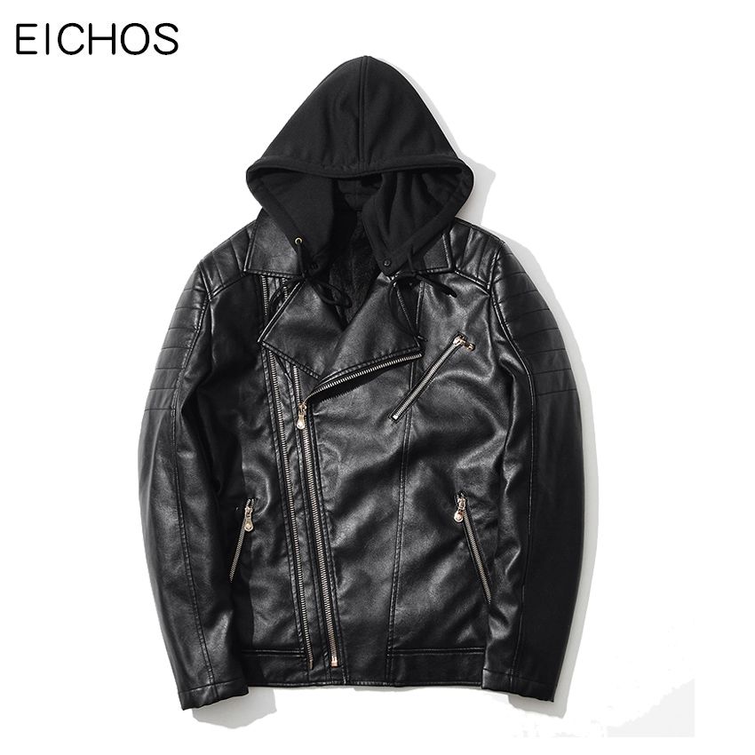 Eichos Mens Leather Jacket Fashion Hooded Detachable Motorcycle Style Male Casual Coats Diagonal Zipper Faux Fur Coat Men