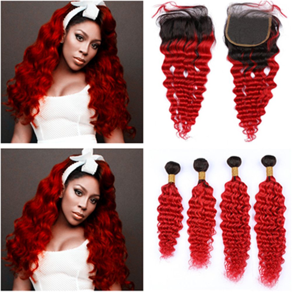 2020 1b Red Ombre Deep Wave 4bundles And Closure Ombre Bright Red