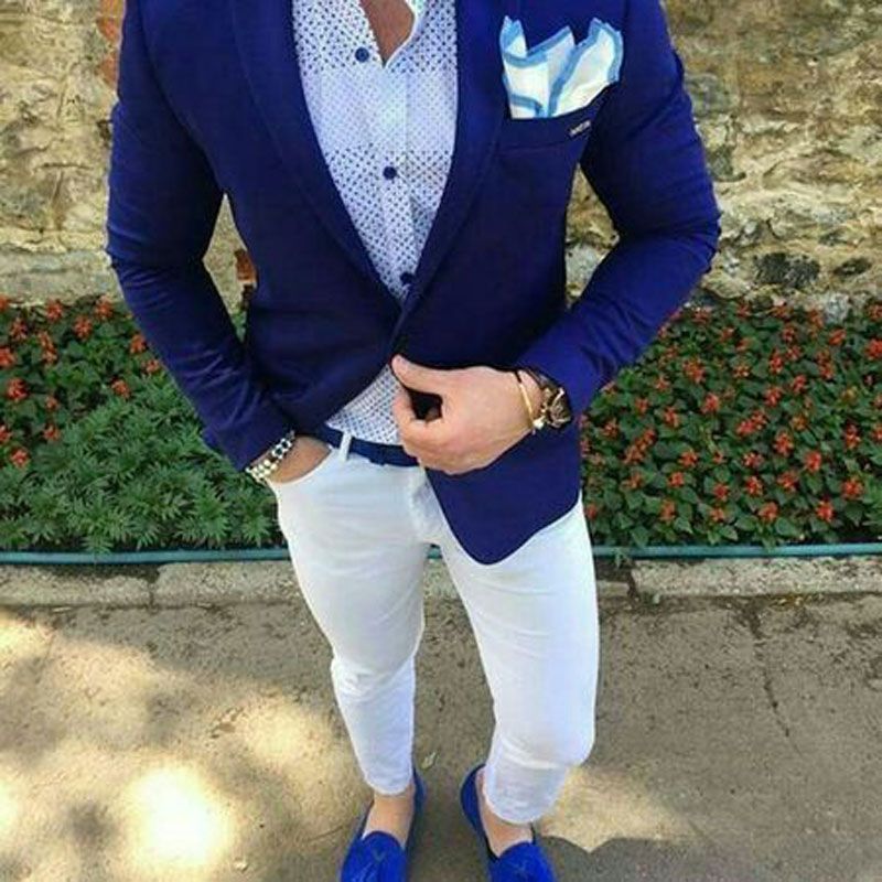 Royal Blue Men Suits White Trousers Jacket+Pants Wedding Tuxedos ...