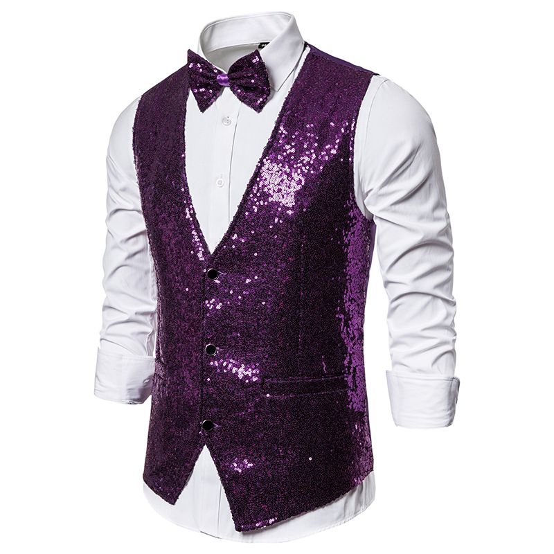 2020 Men’S Purple Sequins Suit Vest Slim Fit DJ Nightclub Sleeveless