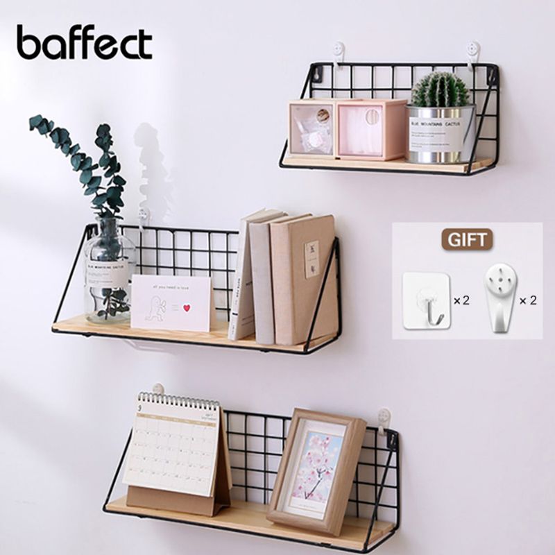Wooden Iron Wall Shelf Mounted Storage Rack Organization For Kitchen Bedroom Home Decor Kid Room Diy Decoration Holder Q190429