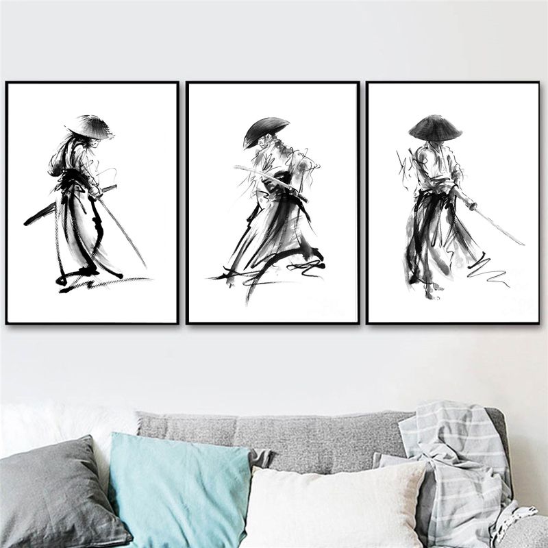 2019 Japanese Style Decor Wall Mural Samurai Painting, Black & White