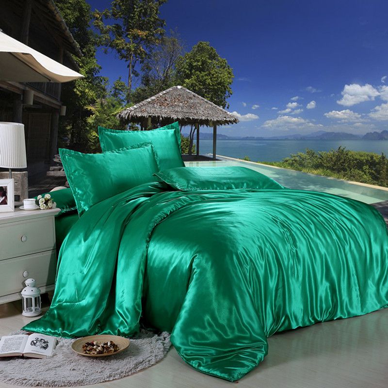 Jeefttby Soft Emerald Green Silk Satin Bed Sheet Solid Color