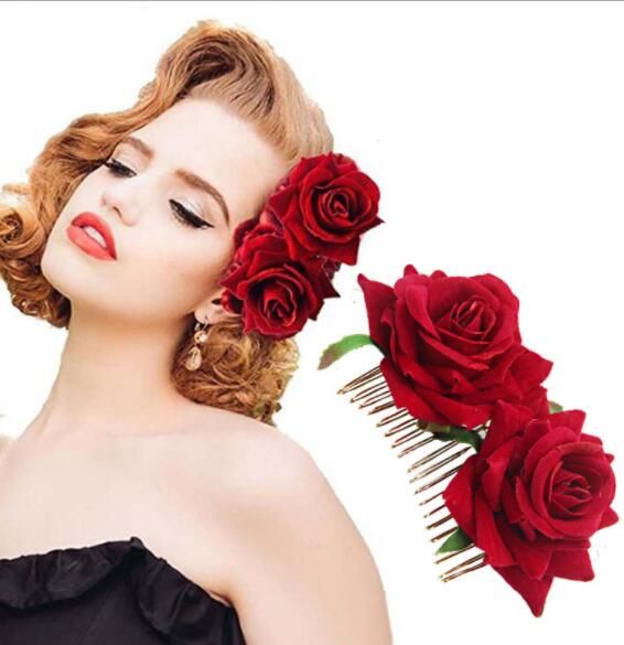 Dames Elegant Festival Fleur De Mariée Peigne De Cheveux Accessoires De Mariage Rose Rouge En Epingle à Cheveux Demoiselle Dhonneur Bijoux De Cheveux