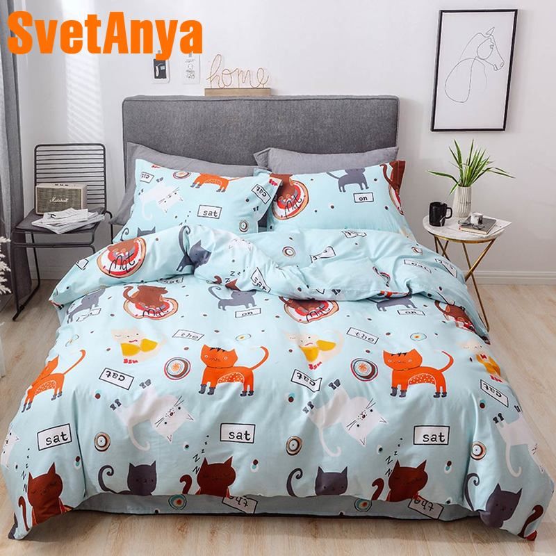Svetanya Cotton Bedding Set Cat Pattern Flat Sheet Pillowcase Duvet Cover Sets For Kids S