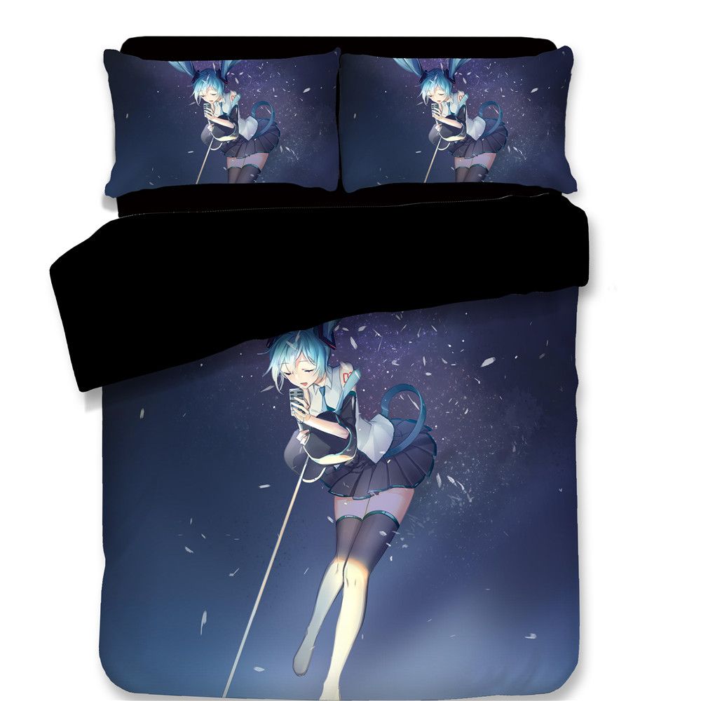 Fashion Cool Blue Black Hatsune Miku Kawaii Girl Japanese Anime Fashion Cool Blue Black Hatsune Miku Kawaii Girl Japanese Anime Bedding Set Single Double Size Bed Sheet Pillowcase Duvet Cover Luxury Sheets