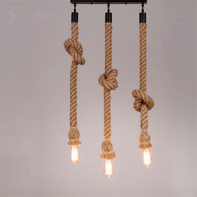 Creative E27 Retro Three Head Hemp Rope Pendant Lamp Bulb Holder Hanging Light Fixture For Country Vintage Style Home Decor