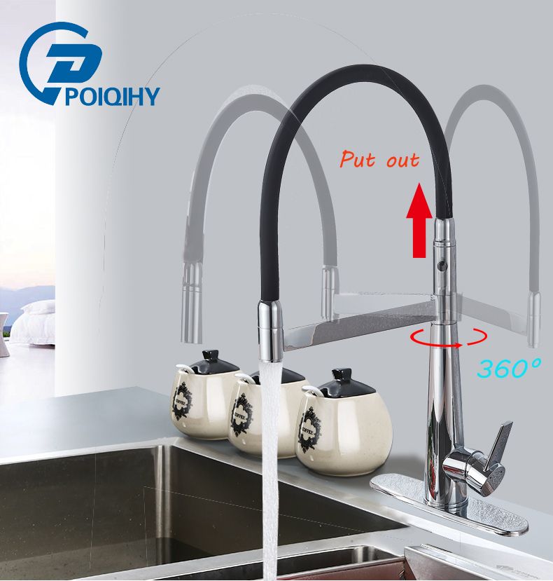 Poiqihy Chrome Rotatable Kitchen Sink Faucet Black Tube Dual Sprayer Random Change Hot And Cold Mixer Tap