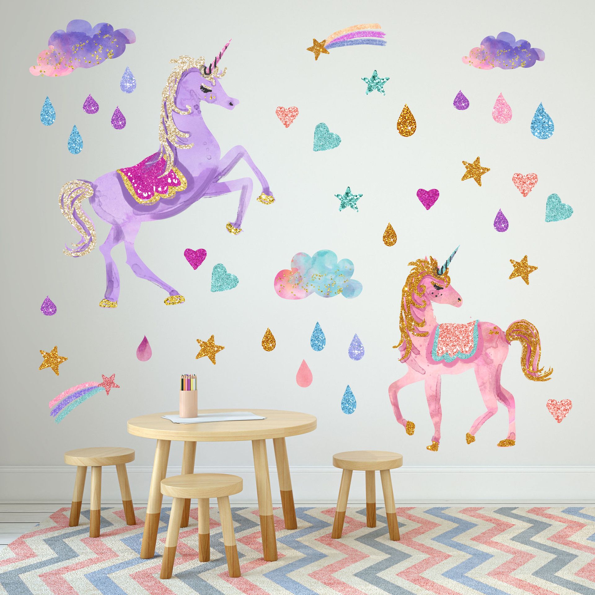 1pc36 60cm Children Unicorn Wall Sticker Design Kids Cartoon Pvc Rainbow Raindrop Art Stickers Reflective Wallpaper Pictures Home Decor