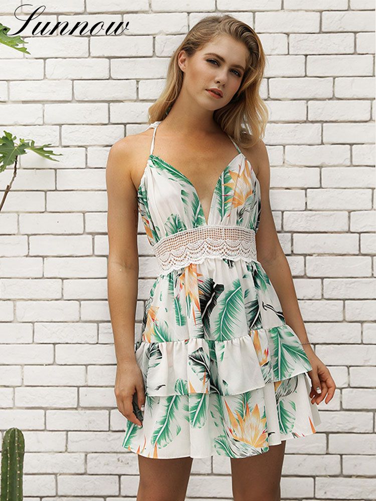 Sunnow 2019 Summer Dress For Women New Lace Spaghetti Strap Sexy Beach Vacation Dresses Ladies Ruffles V Neck Printed Dress
