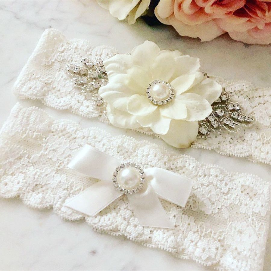 2019 Ivory Flower Wedding Garter Lace Garter Set Rhinestone And