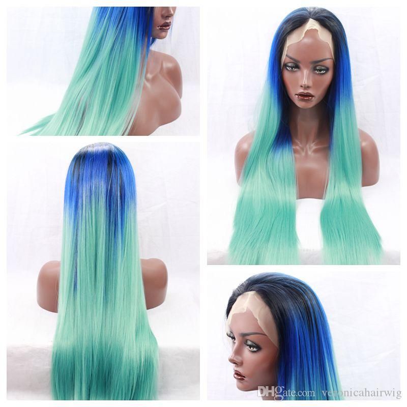 Fashion New Ombre Blue Green Long Straight Wigs For Black Women