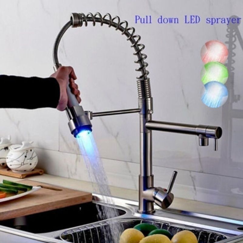 Brushed Nickle Kitchen Spring Faucet Led Light Pull Down Sprayer