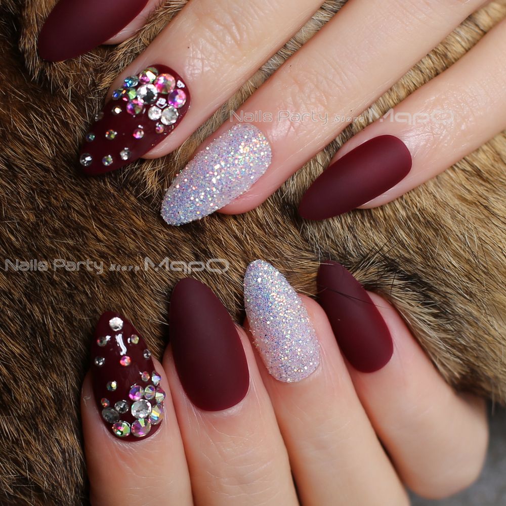Stiletto Matte Burgundy Glitter False Nails Crystal Full Sets Fake Stiletto Matte Burgundy Glitter False Nails Crystal Full Sets Fake