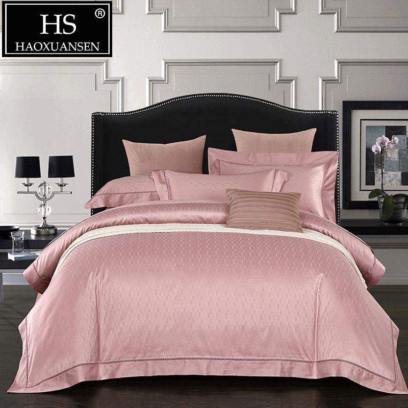 4pcs Home Textiles Luxury Pink Jacquard Comforter Bedding Sets Cotton Double Bed Sheets Queen King Set Bedclothes