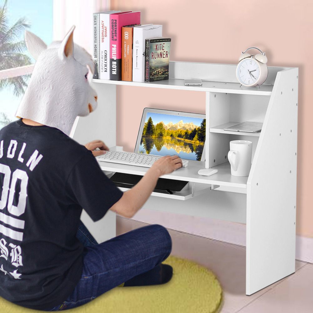 Clearance Wooden Storage Shelf Computer Laptop Study Desk Table Organizer For Dormitory Bed Carpet White De