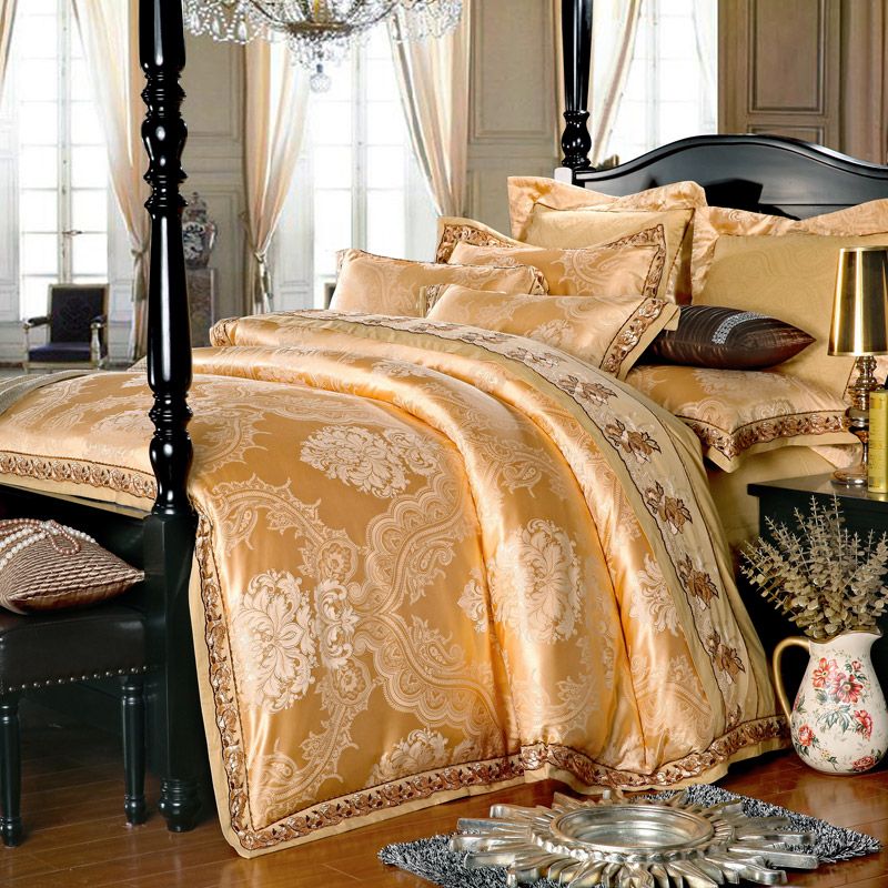 Gold Silk Luxurious Bedclothes Cotton Bed Sheets Queen Size Gold Silk Luxurious Bedclothes Cotton Bed Sheets Queen Size Bedspread Romantic Duvet Quilt Cover Pillowcase Bedding Set Comforter Sets Black And