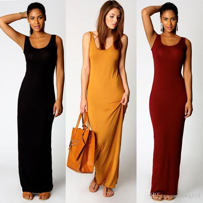 Crazy2019 Women Long Summer Casual Dress U Neck Sleeveless Tunic Dress Solid Color Maxi Beach Sundress Jersey Dresses Dzf0305