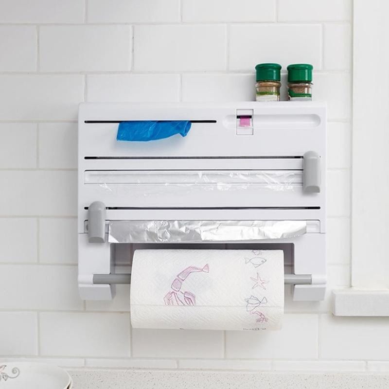 Kitchen Wall Mounted Storage Rack Multi Functional 6 In 1 Aluminum Paper Towel Holder Wrap Cutter Spice Jar Shelf